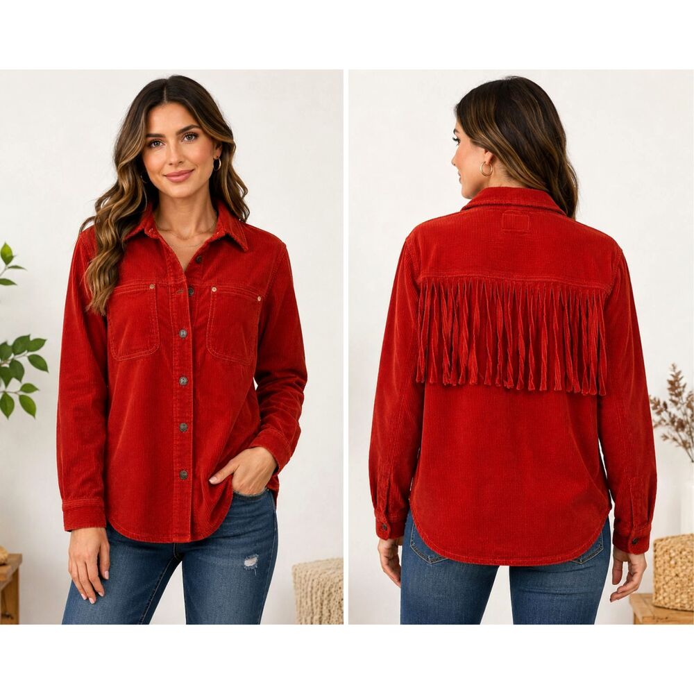 Judy Blue Red Corduroy Fringe Back Button Front Shacket Jacket Size S